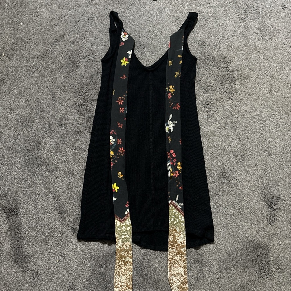 Francesca’s Black Dress with Floral and Paisley Strap Back